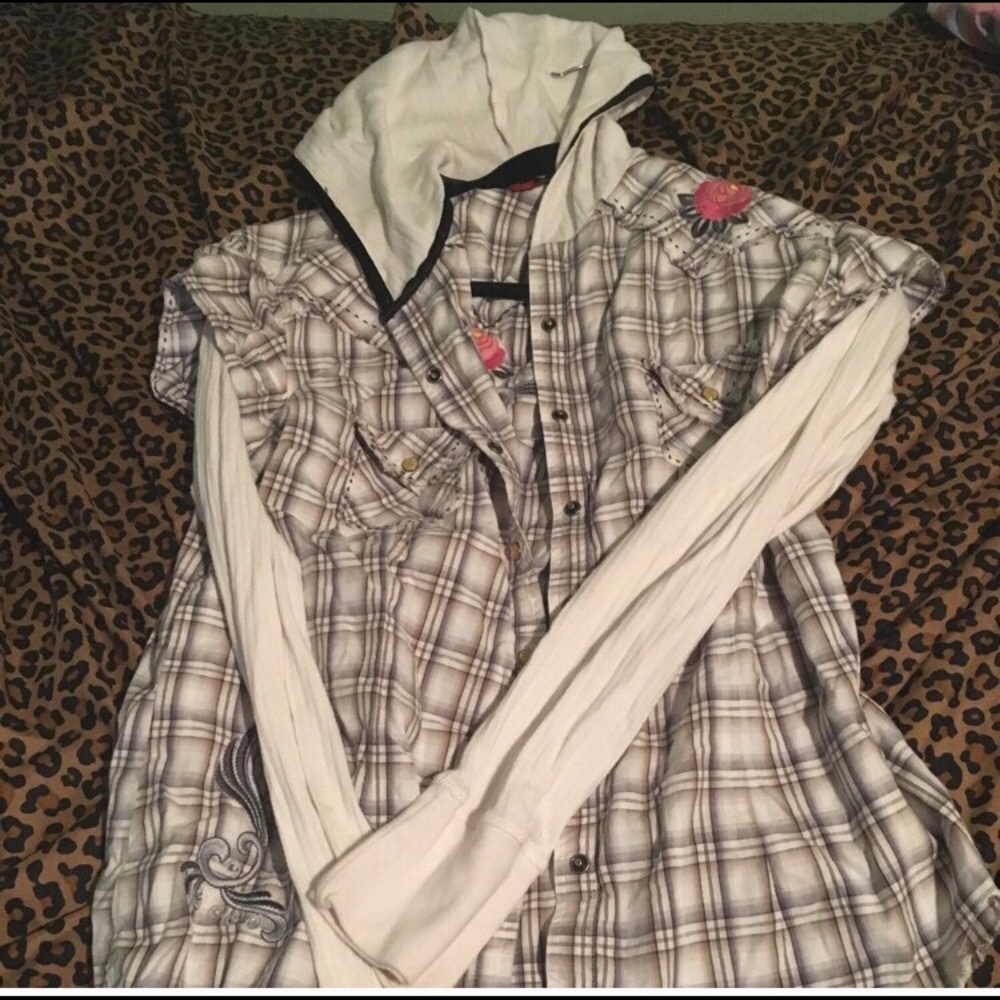 Grey plaid hoodie with designs